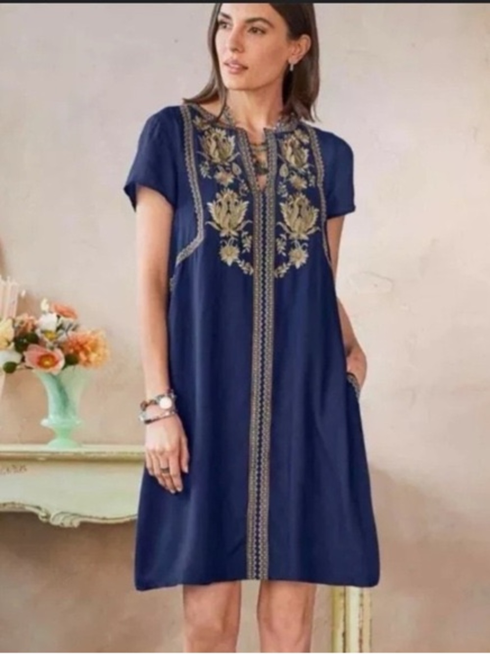 Sundance Navy Blue Embroidered Midi Dress